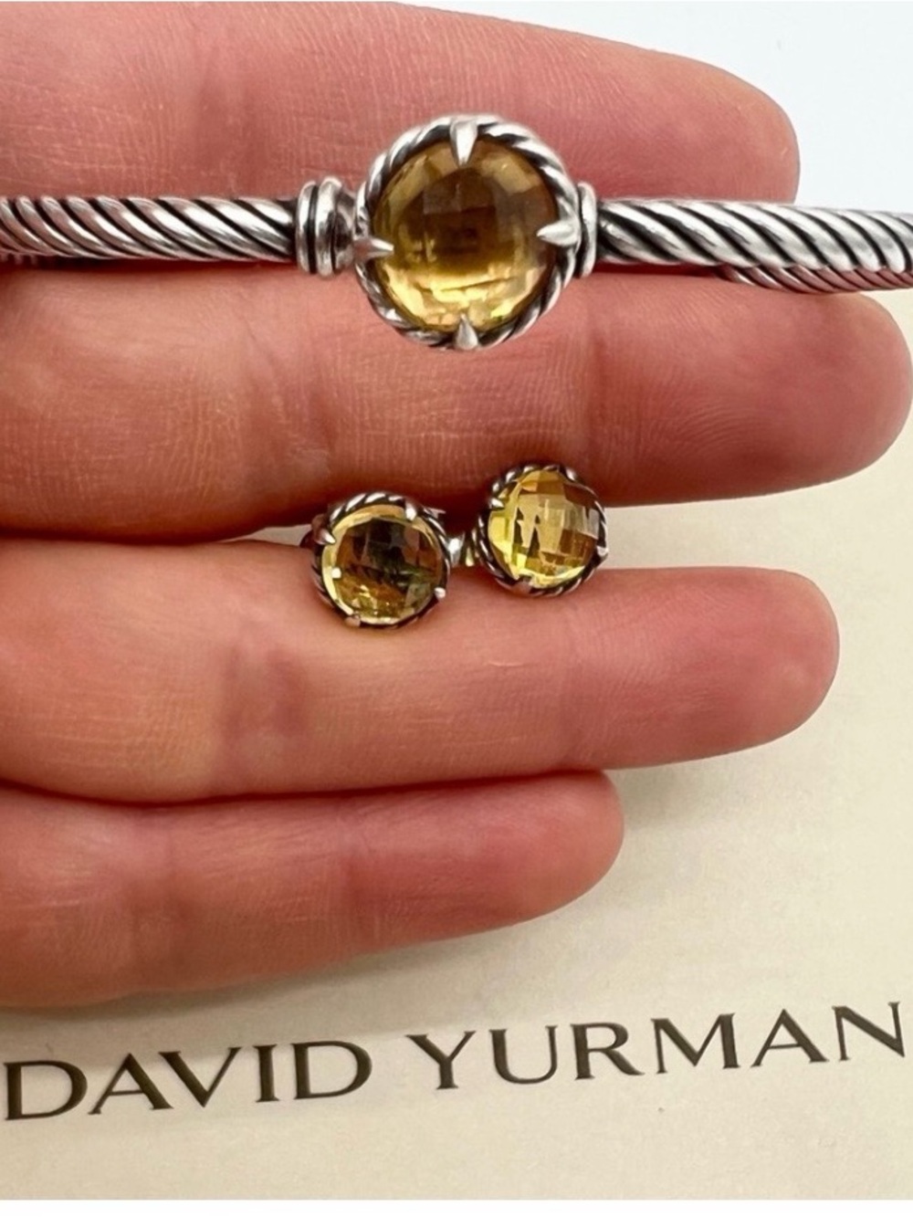 David Yurman Sterling Cable Bracelet and Citrine Stud Earrings